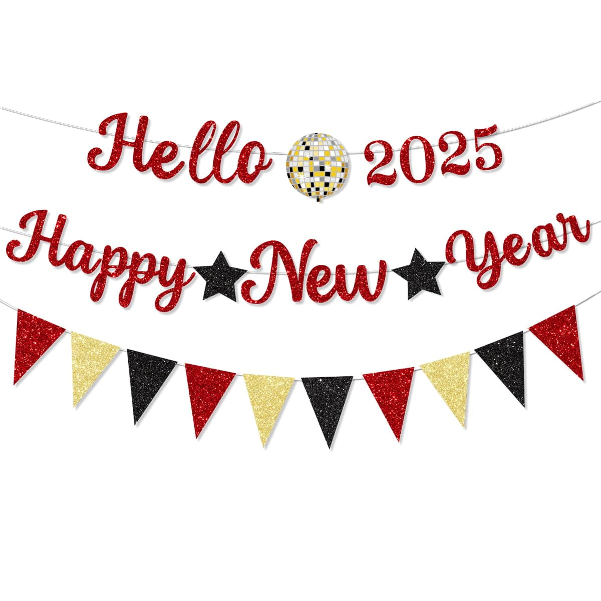2025 Happy New Year Banner Red Letter Glitter Hello 2025 New Years