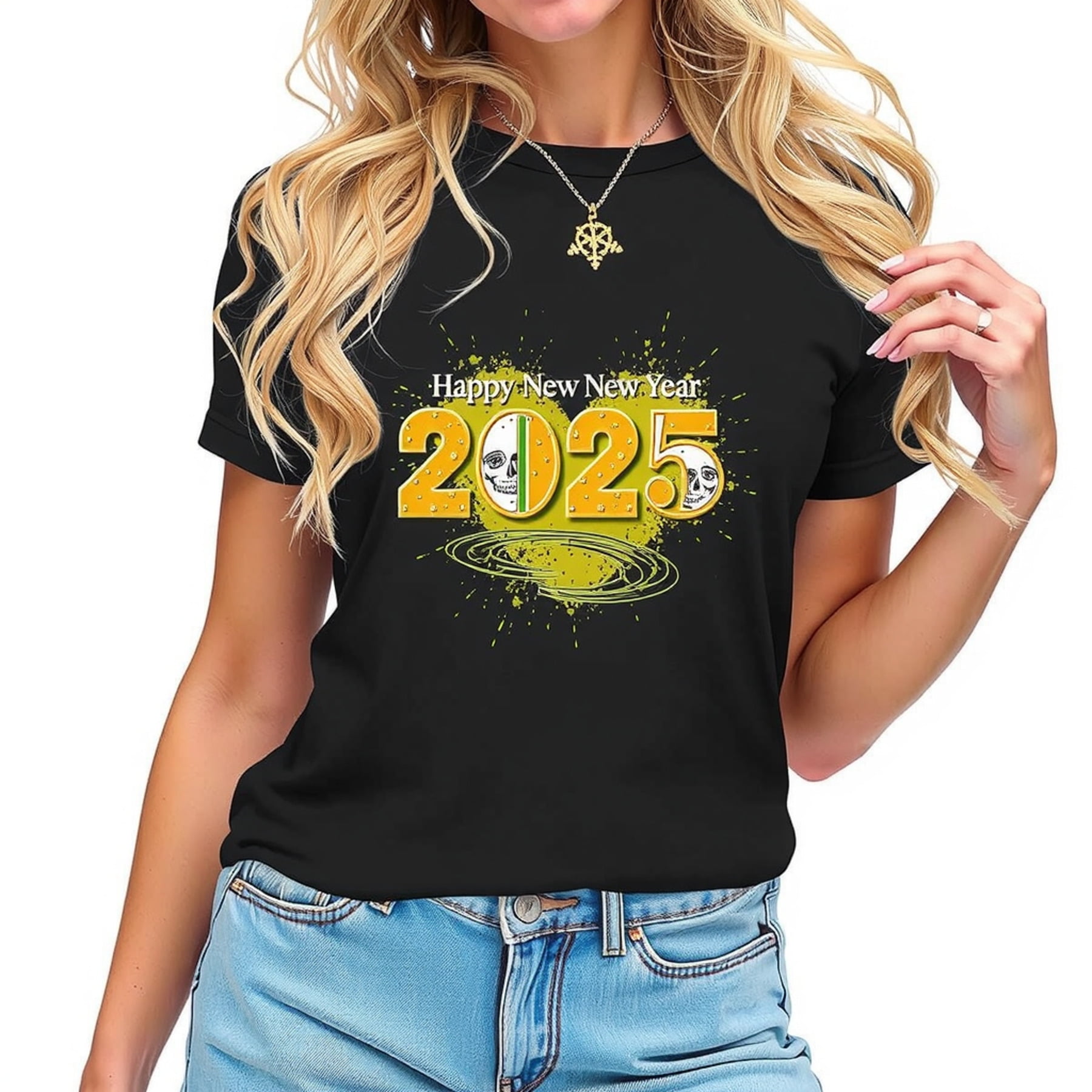 2025 Happy New Year Black TShirt for Women Bold Gold Graphic Design