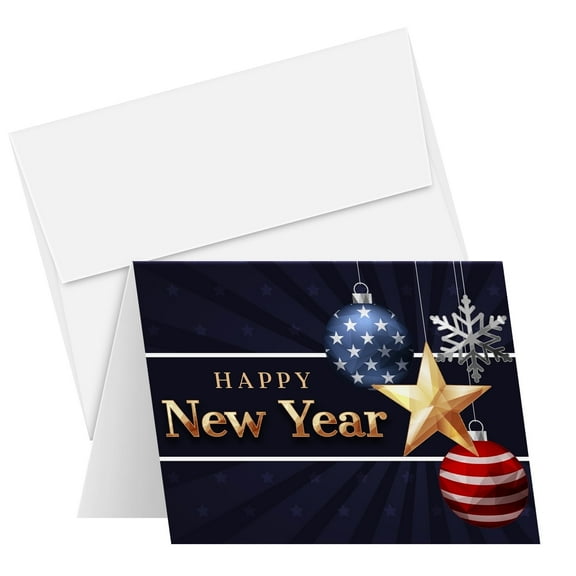 2026 Happy New Year  Blank American Patriotic Xmas Fold Over Greeting Cards & Envelopes  Holiday Cards for Christmas and New Years Gift & Presents | 4.25 x 5.5 | 10 Per Pack