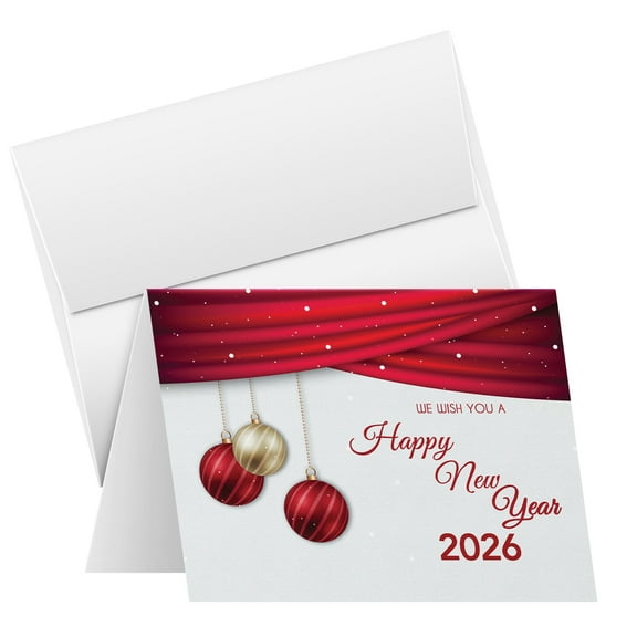 2026 Happy New Year Cards & Envelopes | Elegant Christmas, Holidays, Xmas, New Year's Eve Red Thank You Invitation Greeting Cards Set – 25 Half Fold Cards & A2 Envelopes | 4.25 x 5.5 inches (A2 Size)