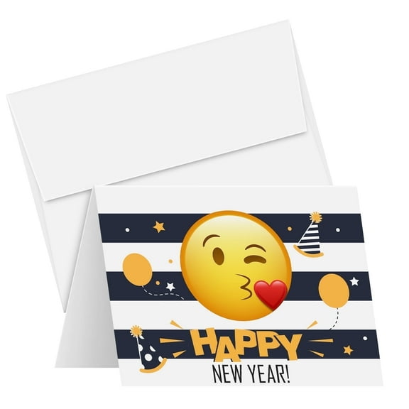 2026 Have A Happy New Year Cards Holiday Mask Love Greetings Blank Fold Over Card Stock & Envelopes, Funny and Cute Emoji | 4.25 x 5.5 When Folded (A2 Size) | Bulk Set of 25 Cards and 25 Envelopes
