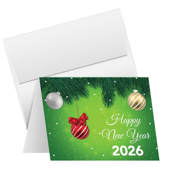 2026 Happy New Year Cards Set Elegant Green Bauble Christmas, Xmas, New Year, Holiday Greetings, Invitations, Announcements, Thank Yous | 4.5 x 5.5 (A2 Size) | 10 Cards and 10 Envelopes per Pack