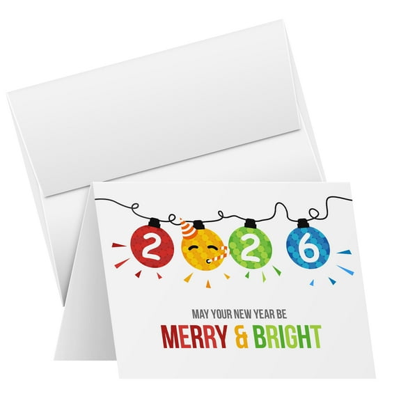 2026 Happy New Year Holiday Greeting Cards – Blank Xmas Fold Over Cards & Envelopes, Funny Emoji Cards – For Christmas and New Year’s Gift & Presents | 10 Per Pack | 4.25 x 5.5” (A2 Size) (White)