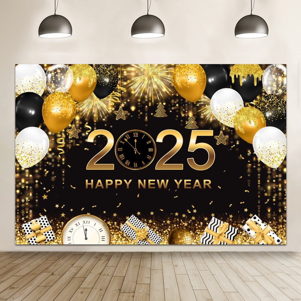 2025 Happy New Year Party Backdrop Fireworks Clocks Champagne Gold