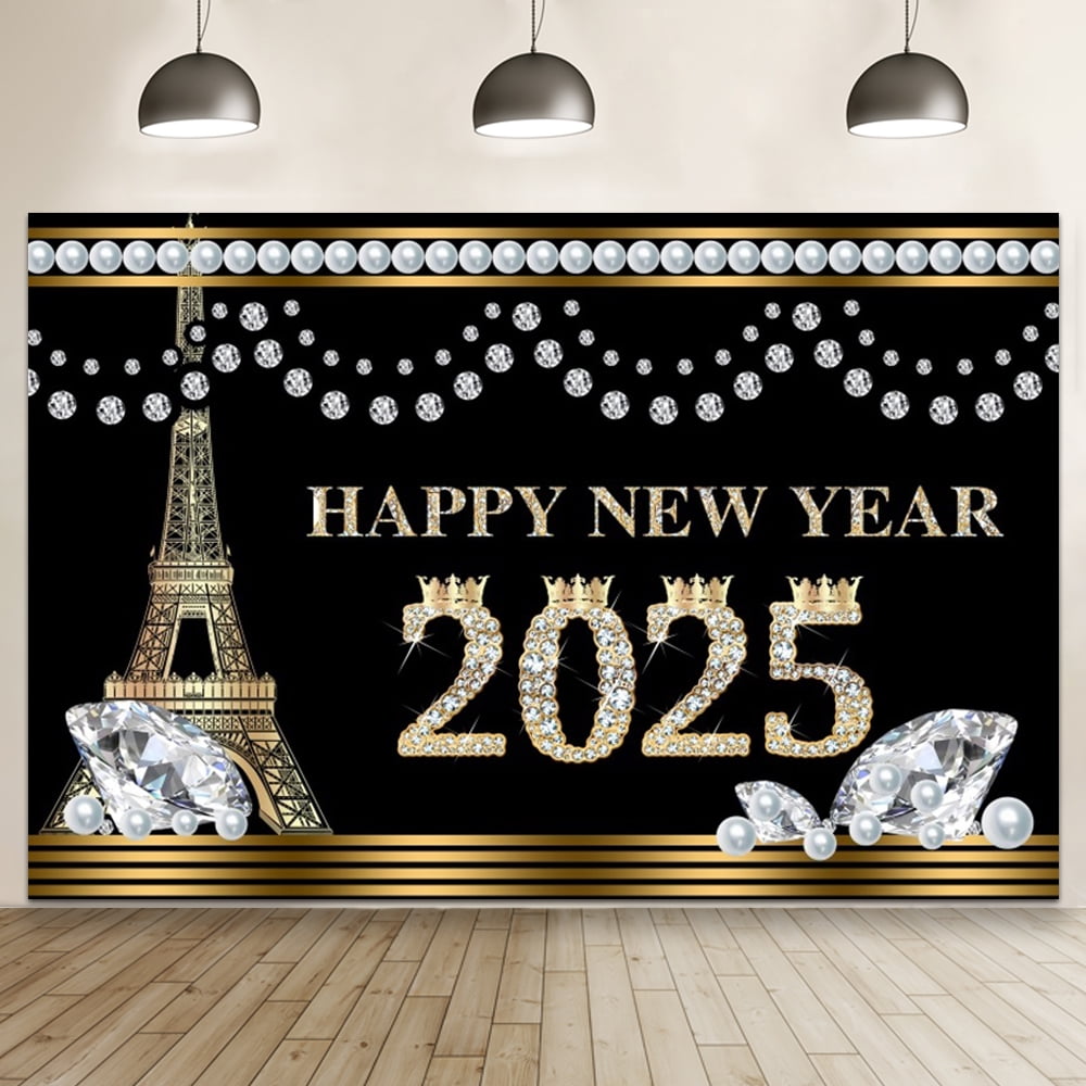 2025 Happy New Year Party Backdrop Fireworks Clocks Champagne Gold