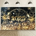2025 Happy New Year Party Backdrop Fireworks Clocks Champagne Gold