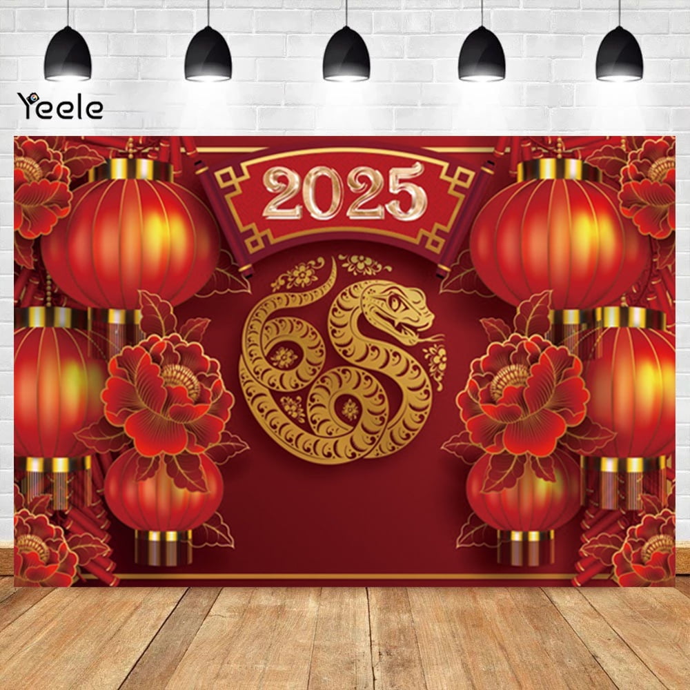 2025 Happy New Year Photography Backdrop Chinese Style Snakes Red