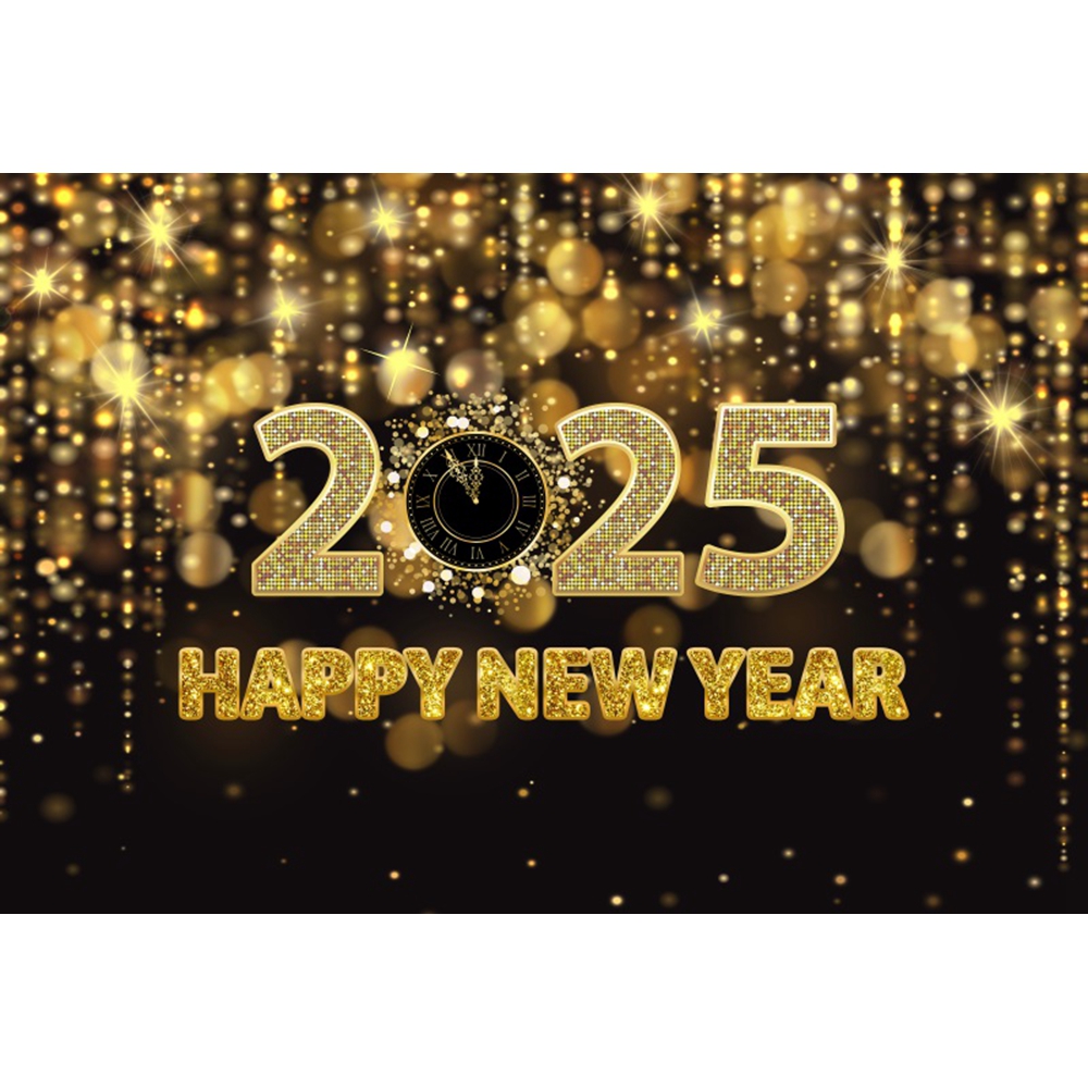 2025 Happy New Year Photography Backdrop Gold Glitter Balloon s Clocks
