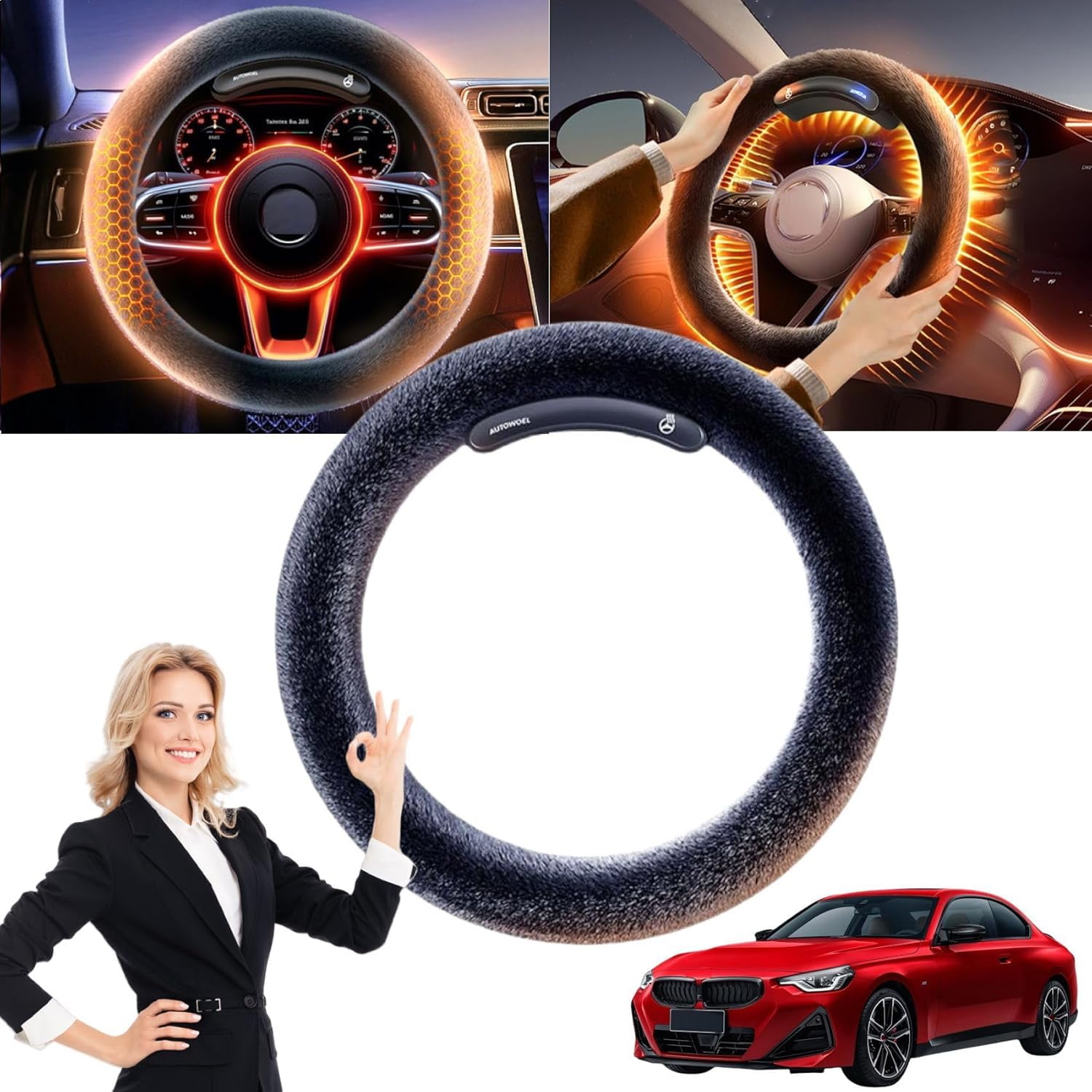 2025 Heated Steering Wheel Cover Wireless Rechargeable Warmer,15"/38cm