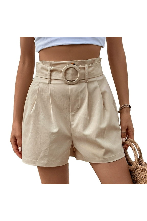 2025 High Waisted Belted Shorts for Women, Summer Casual & Work, with Pockets, Wide Leg, Made of Polyester, S - XL Sizes