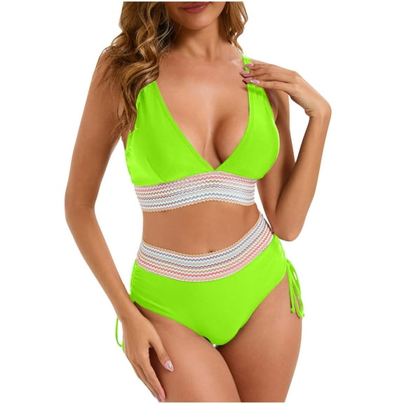 2025 High Waisted Bikini Set for Women Tummy Control Women's 2 Piece Bathing Suit V Neck Sexy Color Block Swimsuit