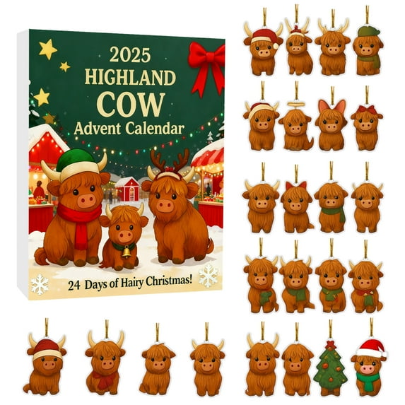 2025 Highland Cow Advent Calendar 24 Day Countdown with Cute Figurines Christmas Holiday Gift for Kids Adults Family Home Decor