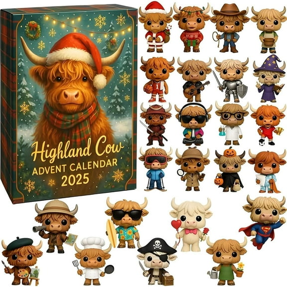 2025 Highland Cow Advent Calendar, 24-Day Surprise Countdown To Christmas, 2D Acrylic Highland Cow Christmas Tree Ornament, for Christmas Home Decor (#A)