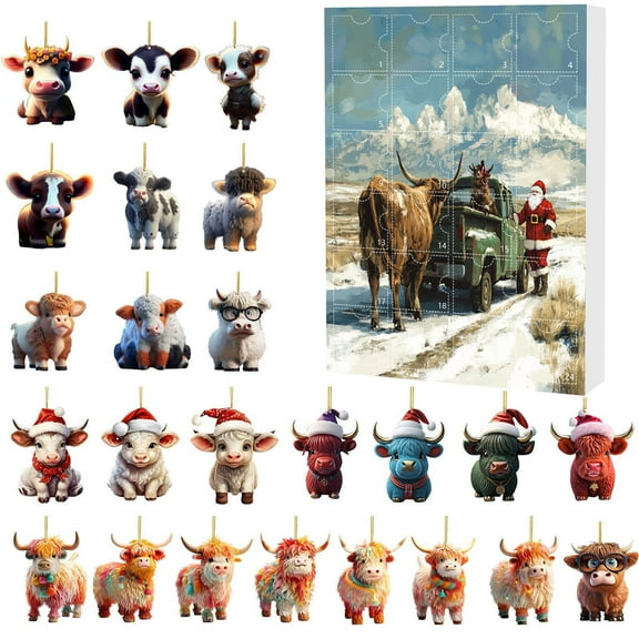 2025 Highland Cow Advent Calendar - Santa Themed 24 Days Countdown Calendar with Christmas Tree Ornaments, Cartoon Cow Decor for Holiday Home & Tree Decoration