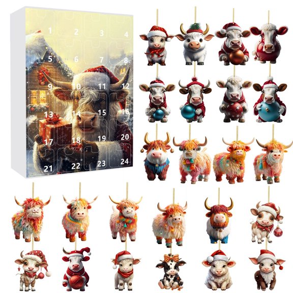 2025 Highland Cow Christmas Ornaments Advent Calendar - 24 Day Mystery Surprise Collectibles with Daily Reveals, Cow Christmas Ornaments Countdown Set for Family and Kids(M)