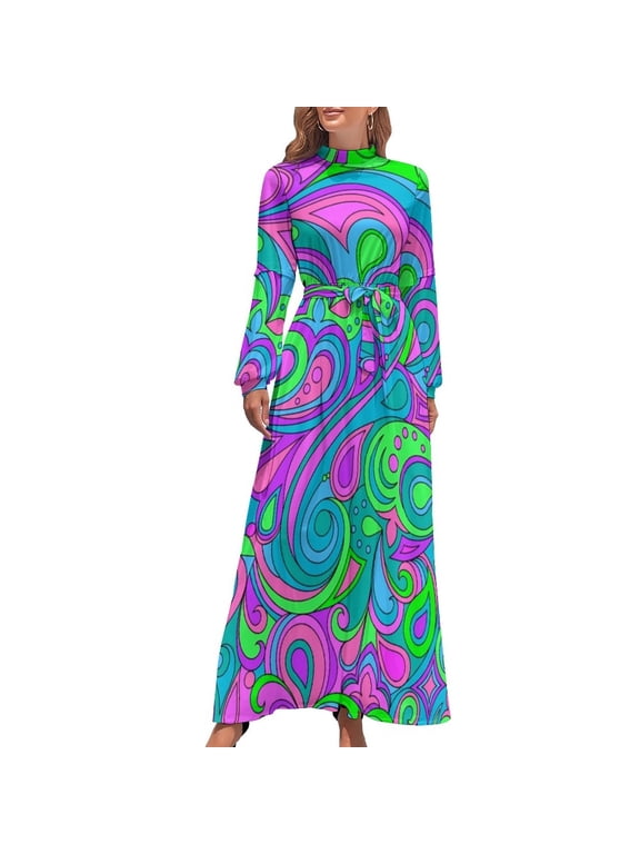 2025 Hippy Psychedelic Dress Retro 70s Tie Dye Aesthetic Bohemia Dresses Female Long-Sleeve High Neck Cute Long Maxi Dress