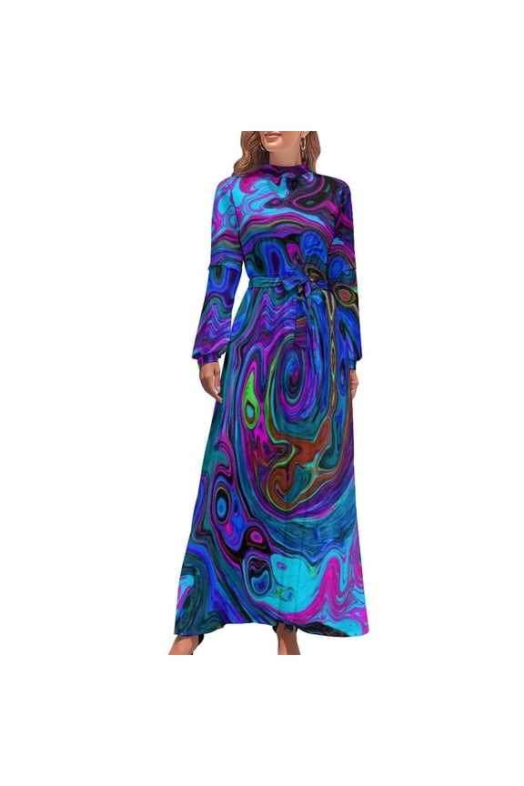 2025 Hippy Psychedelic Dress Retro 70s Tie Dye Aesthetic Bohemia Dresses Female Long-Sleeve High Neck Cute Long Maxi Dress