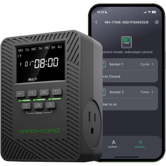 2025 ITime 2-in-1 Smart Timer Outlet Dual Outlet App Control Custom Programmable 12 On/Off for Home Office and Plant Growth Use