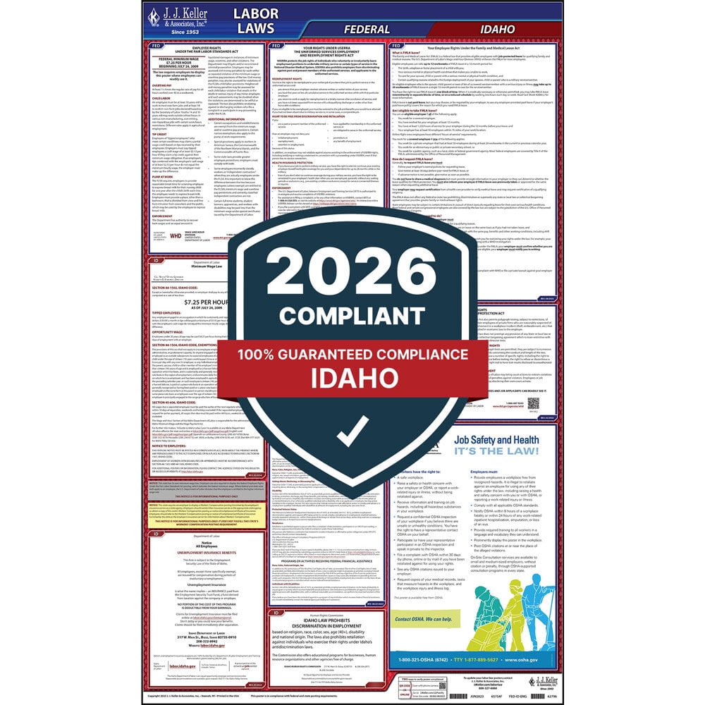 2025 Idaho Labor Law Poster, All-in-One OSHA Compliant ID State & Federal Laminated Poster (24" x 40" English)