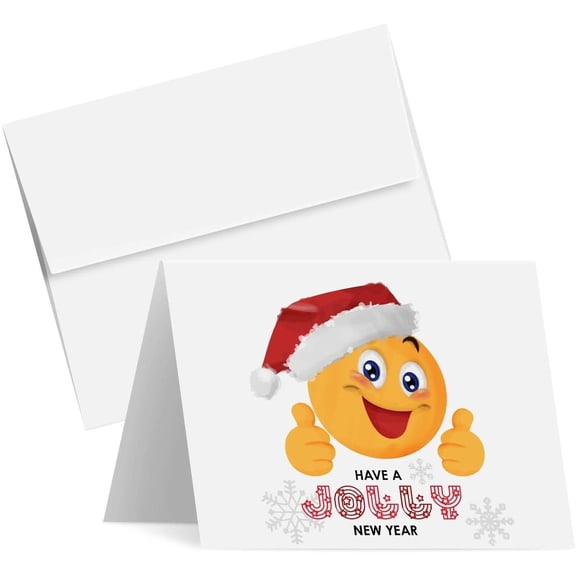2026 Have A Jolly New Year Happy Holiday Greeting Cards  Blank Fold Over Card Stock & Envelopes, Funny and Cute Emoji | 4.25 x 5.5 When Folded (A2 Size) | Bulk Set of 25 Cards and 25 Envelopes