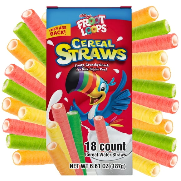 2025 Kellogg's Cereal Straws OIF8 Froot Loops Edible Breakfast Straw Alternatives for Milk, 90's Childhood Nostalgic Treat, Cereals for Kids, 18 Count