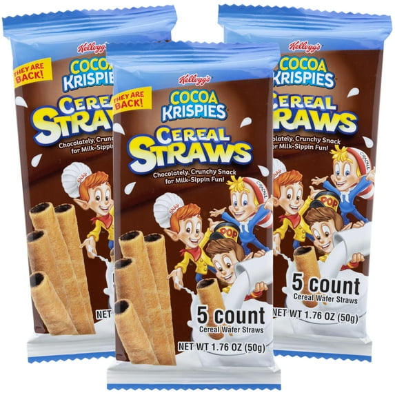 2025 Kellogg’s Cocoa AJH3 Krispies Cereal Straws, Birthday Party Favors, Chocolate Edible Breakfast Straw, 5 Count, (3 Pack)