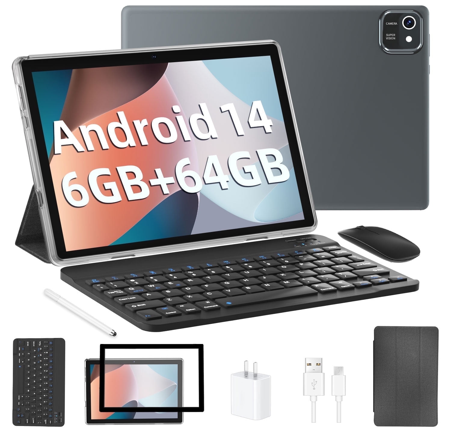 Tablet 10 inch Android 14 Tablets, 6GB RAM 64GB ROM 1TB Expand, Quad-Core Processor, 1280x800 LCD Touch Screen, WiFi 5, Dual Camera, BT5.0, 6000mAh Battery (Black)