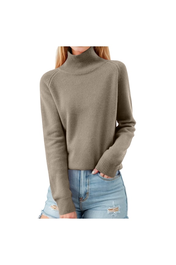 2025 Knit Sweaters for Women Long Sleeve Turtleneck Tops Fall Winter Soft Warm Cozy Wool Knit Sweater Pullover Light Brown S