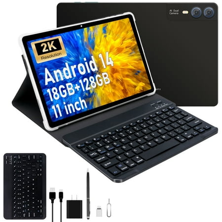 2025 Latest 11 inch Tablet with Keyboard 2K Display Android 14 2000x1200 2 in 1 Tablets PC, T616 Octa Core, 18GB RAM+128GB ROM, 5+5+13MP Camera, 9000mAh Battery with Case, Gray