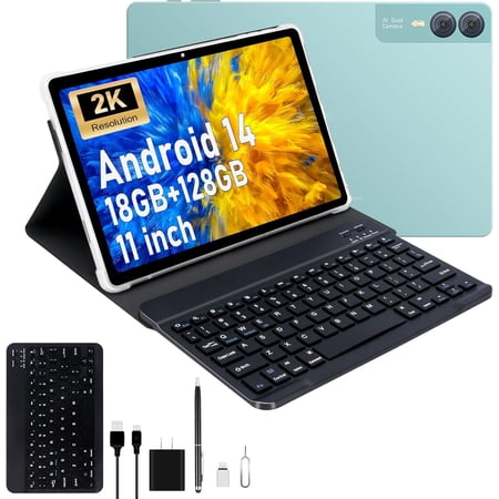 2025 Latest 11 inch Tablet with Keyboard 2K Display Android 14 2000x1200 2 in 1 Tablets PC, T616 Octa Core, 18GB RAM+128GB ROM, 5+5+13MP Camera, 9000mAh Battery with Case, Green