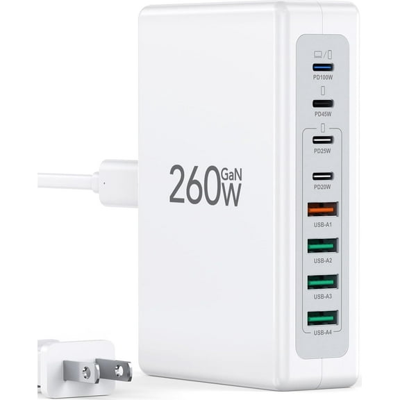 2025 Latest Charging Station, 260W USB C Charger Block, GaN III 8-Port Fast Type C Charging Hub, 100W Laptop Power Adapter for MacBook Pro/Air, Dell XPS, Steam Deck, iPad Pro, iPhone 16/15, Galax