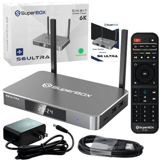 Superbox S6 Ultra 2025 Fully Loaded Smartbox 6K with Large Capacity 4G+128G, Voice Remote, Audio Cable, HDMI Cord, Power Supply and Easy Manuals