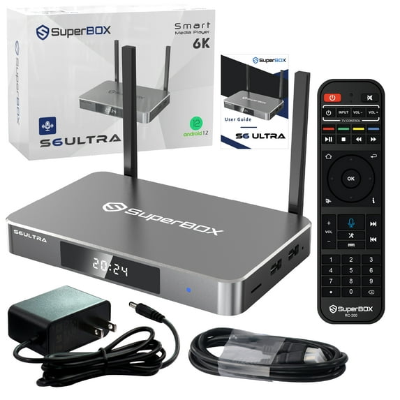 Superbox S6 Ultra 2025 Full Loaded Smartbox 6K with Large Capacity 4G+128G, Voice Remote, Audio Cable, HDMI Cord, Power Supply and Easy Manuals