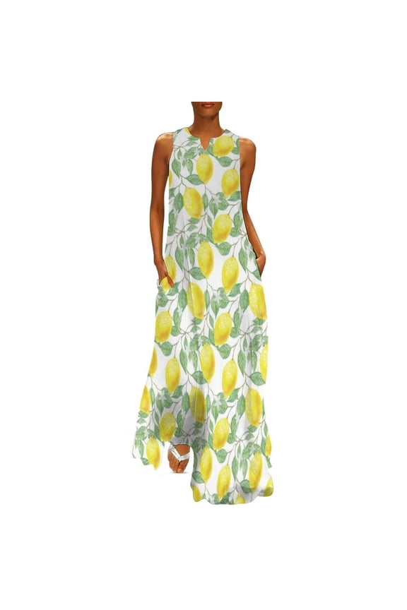 2025 Lemon And Lime Dress Spring Bright Citrus Fruit Streetwear Boho Beach Long Dresses Women Pattern Elegant Maxi Dress Big Size 5XL