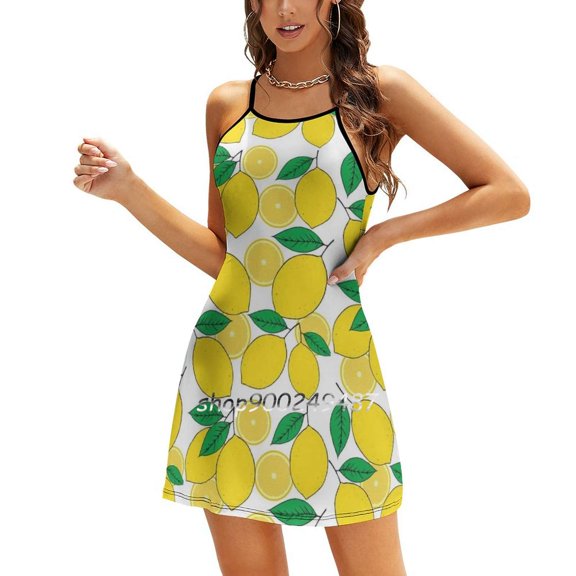 2025 Lemon Print Square Neck Dress New Plus Size Elegant Women Waist Tight Dress Lemon Yellow White Green Citrus Summer Spring