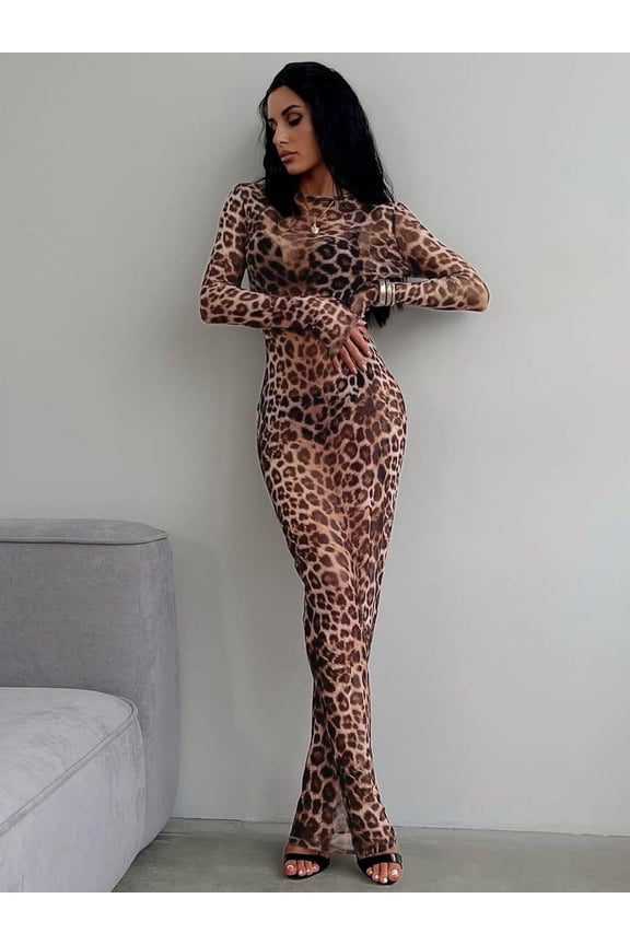 2025 Leopard Print Mesh Long Sleeve Sexy Slim See Through Maxi Dress Fall Women Fashion Outfits Beach Vacation Club