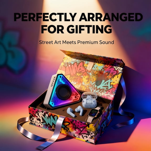 2025 Luxury Gift Bundle - Wireless Earbuds, Triangular Speaker & Smart Watch, HD Glow Gaming Sound, Portable Stereo