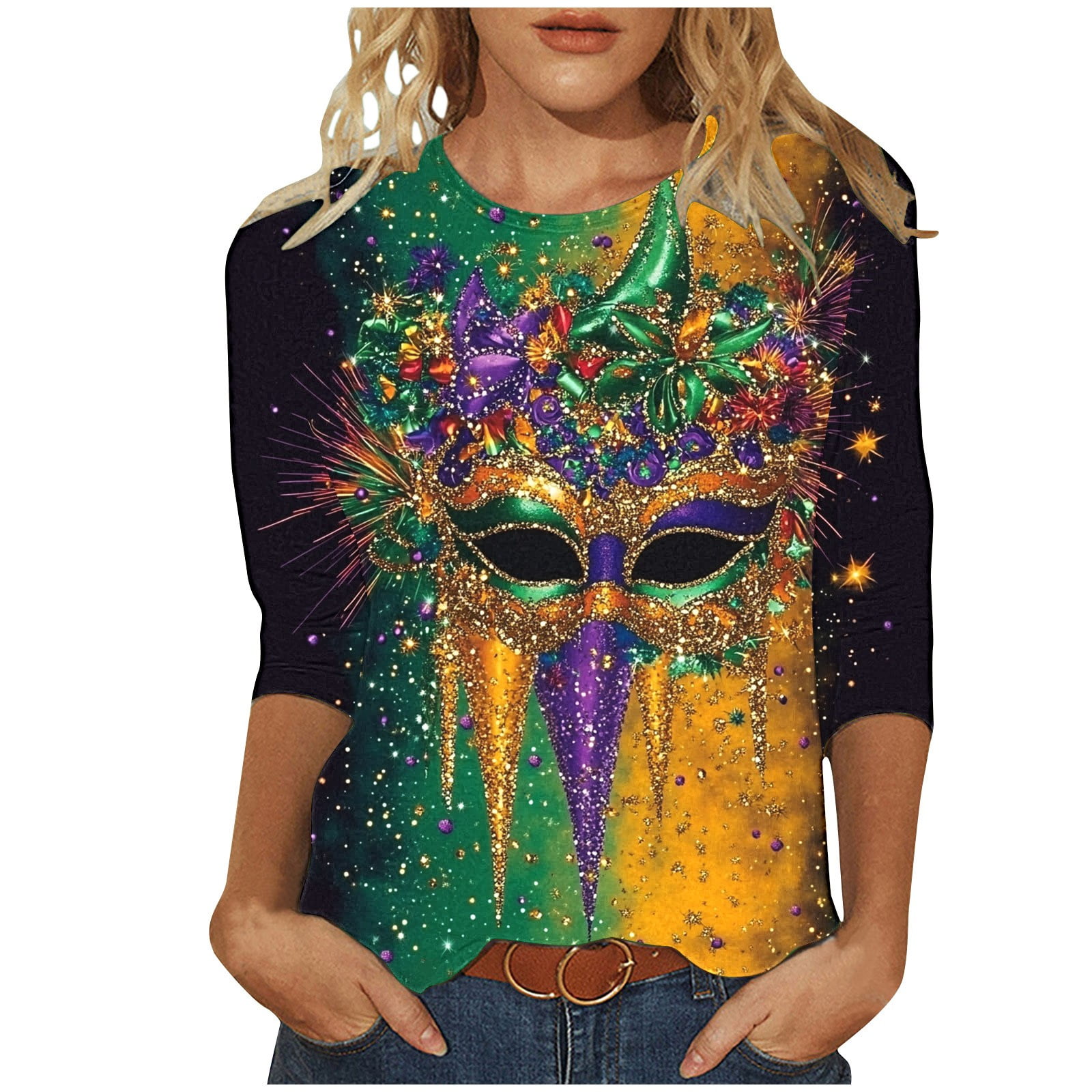 2025 Mardi Gras Contrast Color Shirts Women Round Neck 3/4 Sleeve