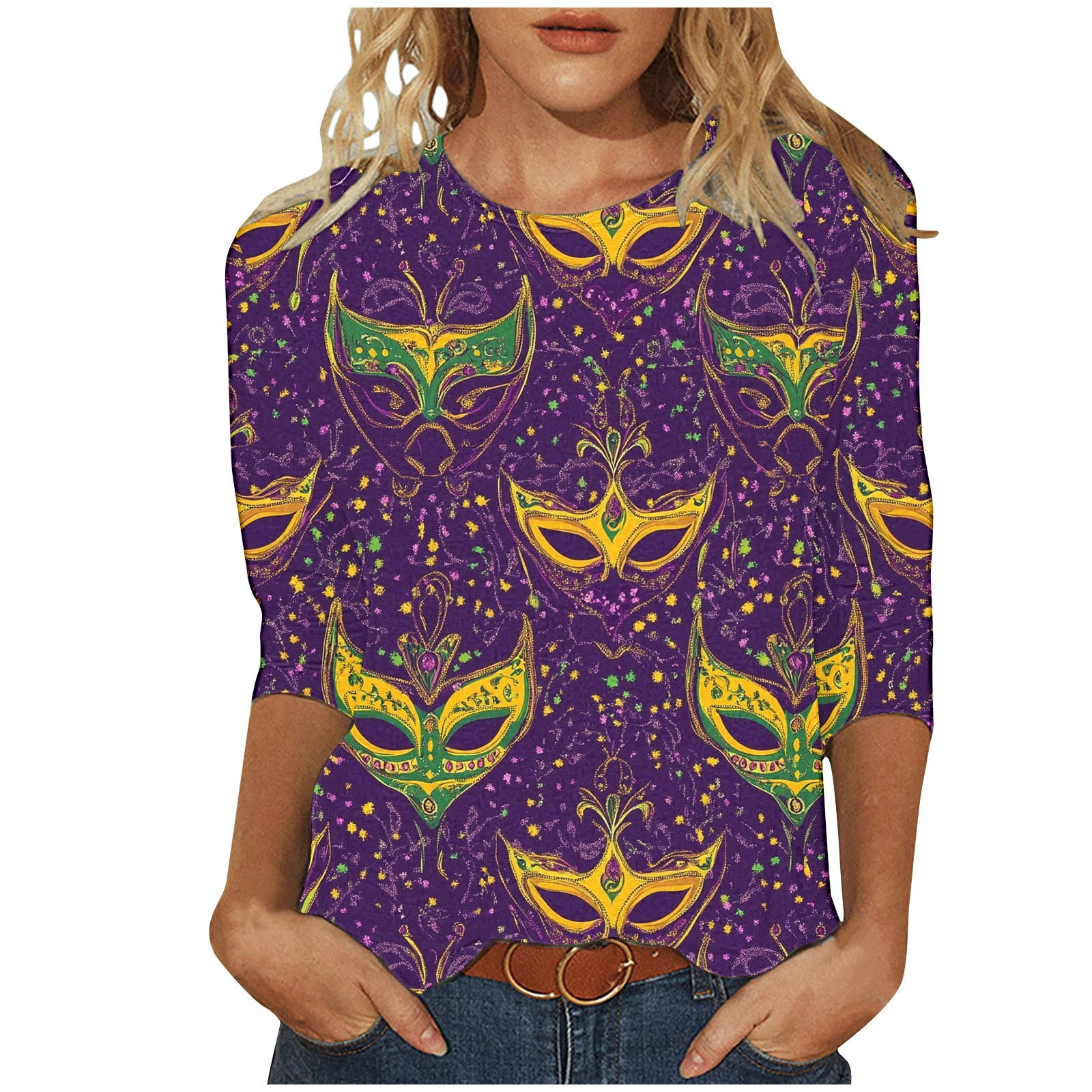 2025 Mardi Gras Shirt for Women Party Crew Neck 3/4 Sleeve Holiday Tops