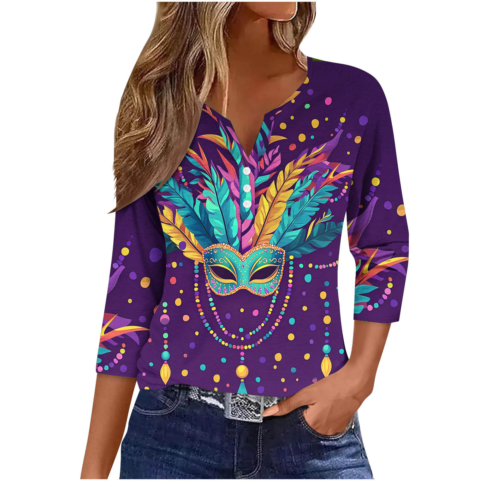 2025 Mardi Gras Shirts for Women Funny Color Block Holiday Outing