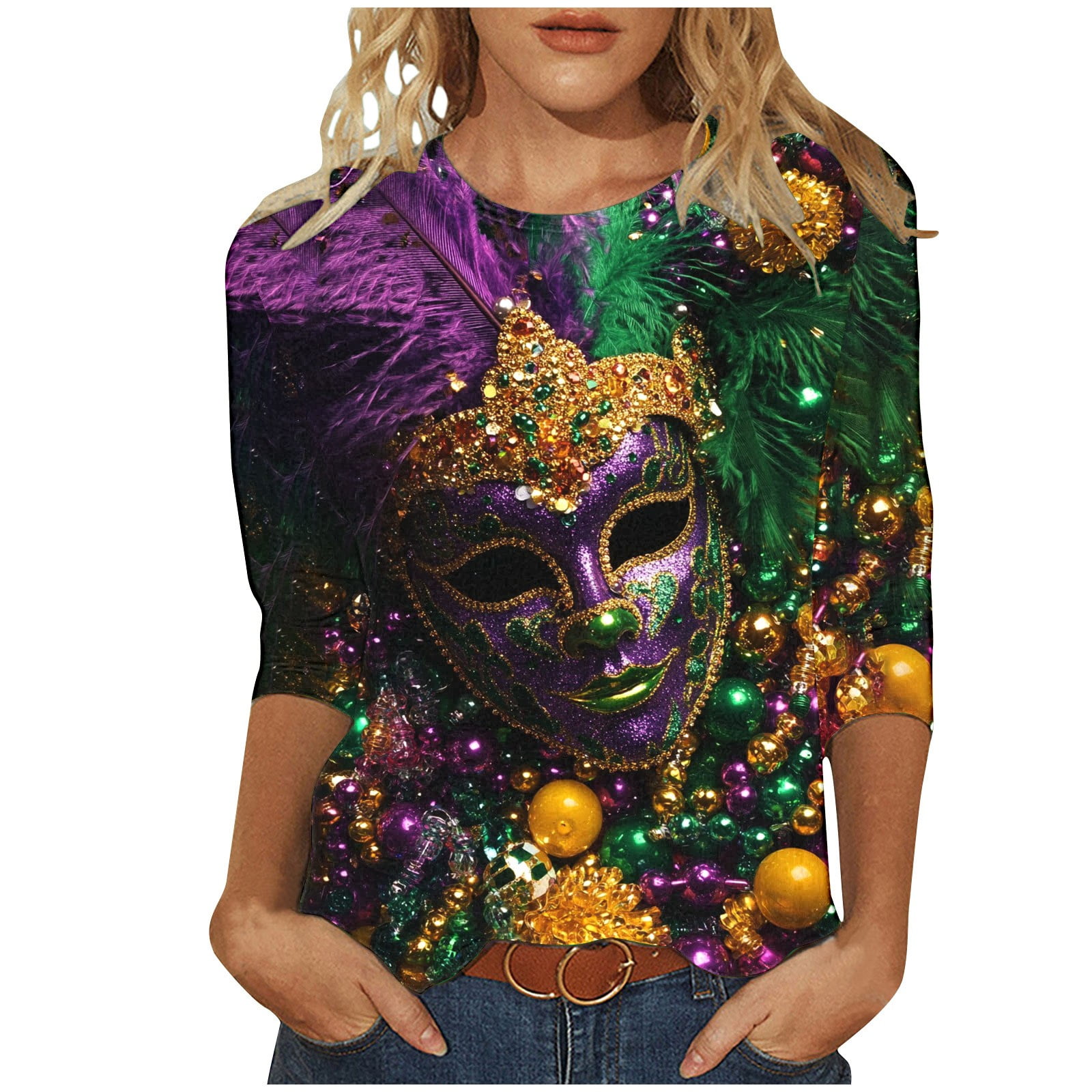 2025 Mardi Gras Shirts for Women Round Neck 3/4 Sleeve Holiday Tops