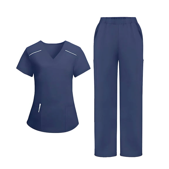 2025 Medical Scrubs Uniform for Women - Tops & Straight Leg Pants with 8 Pockets, Soft Stretch, Easy Care Dark Blue L