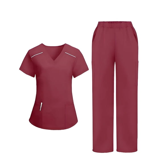 2025 Medical Scrubs Uniform for Women - Tops & Straight Leg Pants with 8 Pockets, Soft Stretch, Easy Care Red L