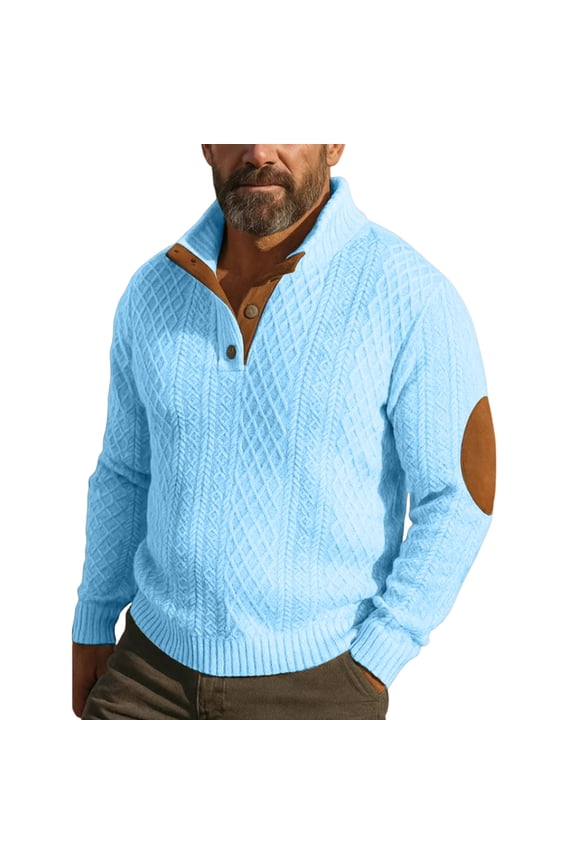 2025 Men's Cable Knit Pullover Sweater Casual Long Sleeve Stand Collar Quarter Button Elbow Patches Knitted Sweaters Sky Blue M