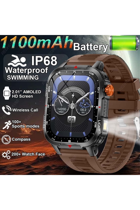 2025 Men's Outdoor Smart Watch, 2.01" HD Screen, 1100mAh Battery, BT Call, 100+ Sports Modes, Compass & Flashlight