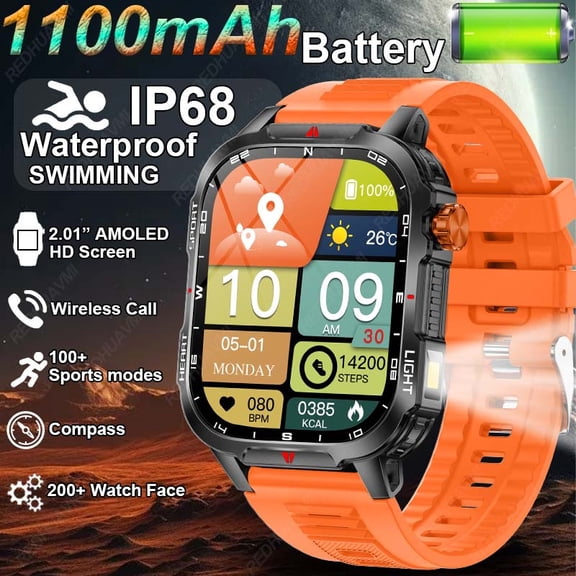 2025 Men's Outdoor Smart Watch, 2.01" HD Screen, 1100mAh Battery, BT Call, 100+ Sports Modes, Compass & Flashlight