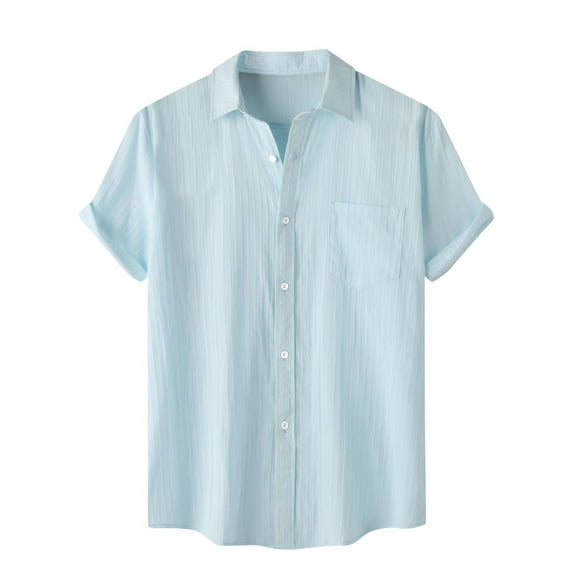 2025 Mens Short Sleeve Button Down Shirts Lightweight Cotton Solid Color Shirt Summer Beach Casual Shirts Light Blue S