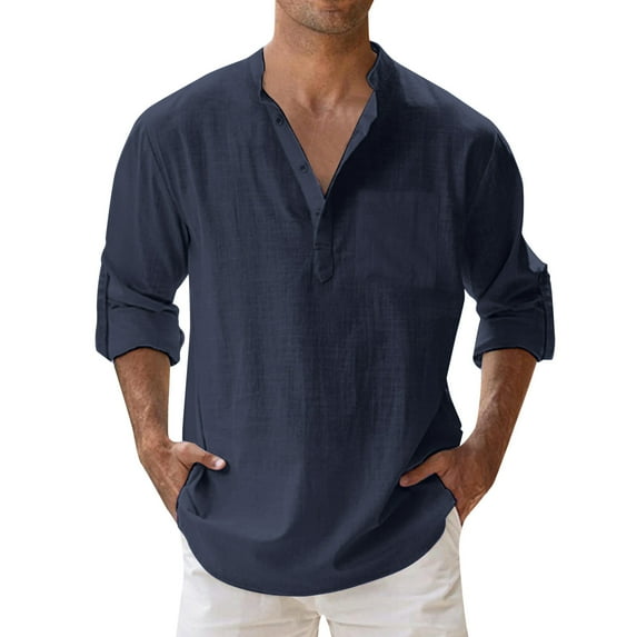 2025 Mens Spring Loose Stand Button Up Shirt Men Collar Solid Color Pocket Mens Short Sleeve Crotch Shirt Long Sleeve Pullover Shirt