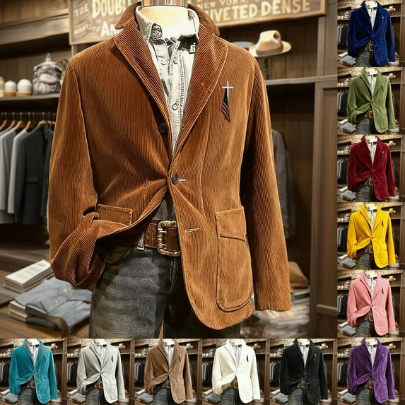 2025 Mens Vintage Corduroy Sport Coat Casual Slim Fit 3 Button Blazer Notched Lapel Long Sleeve Jacket Red 3XL