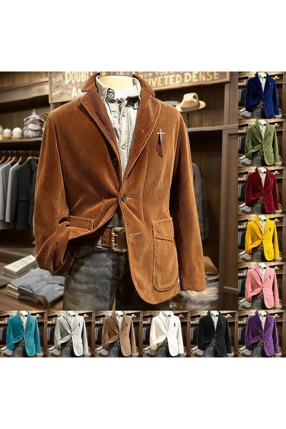 2025 Mens Vintage Corduroy Sport Coat Casual Slim Fit 3 Button Blazer Notched Lapel Long Sleeve Jacket Yellow M